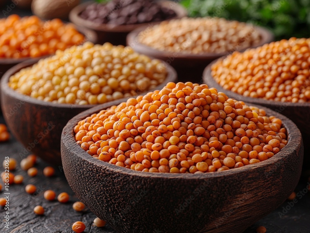 Poster various pulses are beautifully arranged bowls displaying array colors and sizes. soft lighting enhan