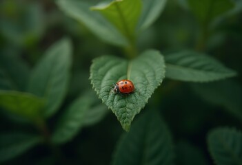A red ladybug crawling on a green leaf with a blurred background