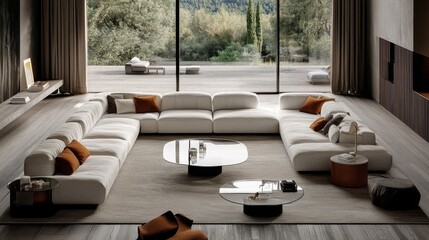 Fototapeta premium Modern Living Room with Sectional Sofa and Glass Coffee Tables