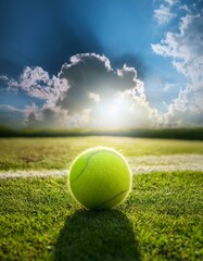 Pelota de tenis, en medio de una cancha de hierba