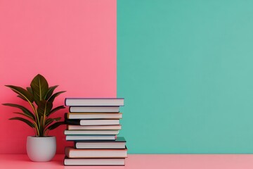 Fototapeta premium A stack of books rests beside a potted plant, set against a vibrant pink and teal background, creating a lively study or reading space.
