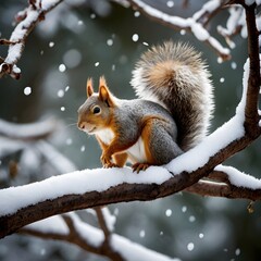 Fluffy Squirrel on Snowy Branch in Winter Landscape, Nature Charm