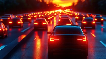 Fototapeta premium Captivating Evening Traffic on a Highway with Dazzling Red Brake Lights Against a Sunset Sky, Displaying Urban Life and Travel Dynamics in Motion