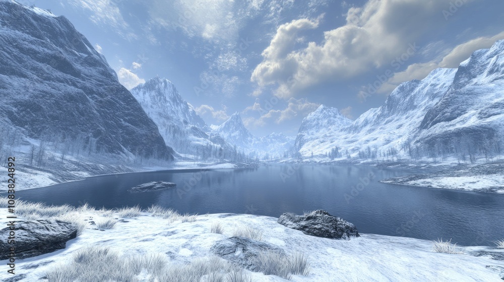 Poster a snowy mountain range with a large body of water in the foreground