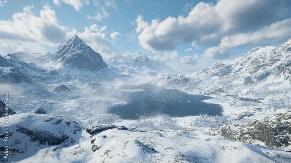 Poster a snowy mountain range with a lake in the foreground