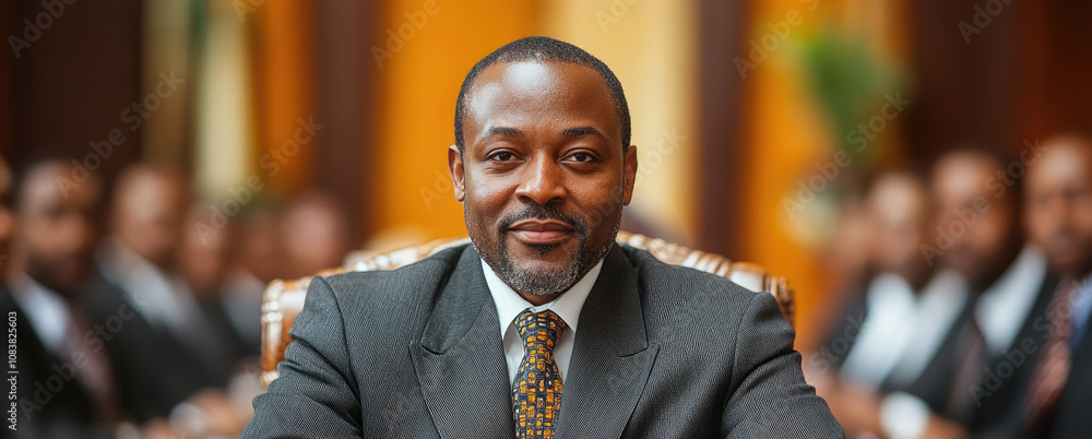 Poster a leader with a thoughtful expression looks directly at the audience while seated at a desk in an el