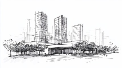 Fototapeta premium Hand-drawn sketch of modern city skyline with tall buildings and trees.
