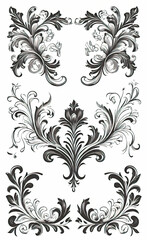 Obraz premium Set of floral corners with minimalistic plant pattern, vector illustration, monochrome, isolated on white background