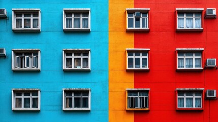 Obraz premium Colorful Urban Wall with Windows and Air Conditioners Displaying a Vibrant Contrast between Blue and Orange Halves, Perfect for Creative Design Projects and Art Inspired Themes