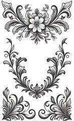 Fototapeta premium Set of floral corners with minimalistic plant pattern, vector illustration, monochrome, isolated on white background