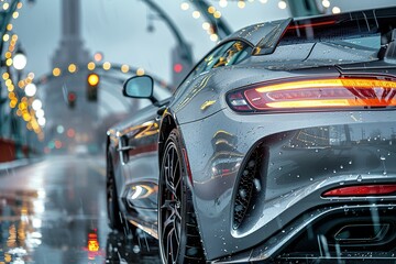 Obraz premium A gray car standing in the rain water UHD wallpaper