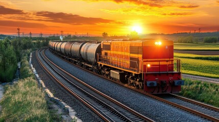 Obraz premium Vibrant Sunset Over a Freight Train on a Curved Track Surrounded by Lush Green Fields Capturing the Essence of Industry and Nature in Harmony