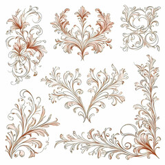 Fototapeta premium Set of floral corners with minimalistic baroque pattern, vector illustration, monochrome, isolated on white background