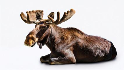 Moose lies on white background isolated.