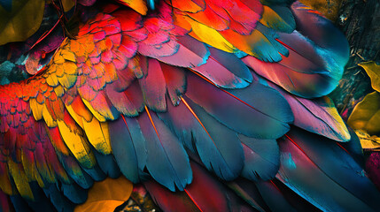 Obraz premium Vibrant Parrot Feathers, Colorful Plumage, Tropical Bird, Macro Photography, Jewel Tones