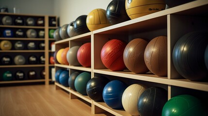 A photo of medicine balls neatly stored.