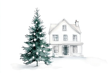 Fototapeta premium A watercolor painting showcases a two-story farmhouse, its white exterior contrasting with the dark green of a decorated Christmas tree