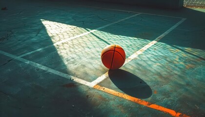 Obraz premium A minimalist shot of a bright orange basketball resting in the corner of an empty court at sunrise