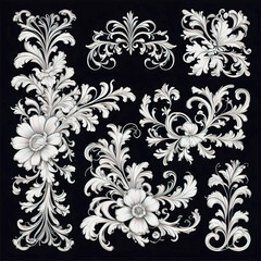 Fototapeta premium Set of floral corners with minimalistic baroque pattern, vector illustration, monochrome, isolated on white background