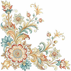 Fototapeta premium Set of floral corners with minimalistic baroque pattern, vector illustration, monochrome, isolated on white background