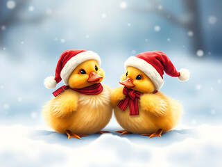 Adorable Fluffy Ducklings Dress Up as Santa Claus, Enjoying Snowy Fun in Watercolor Wonderland