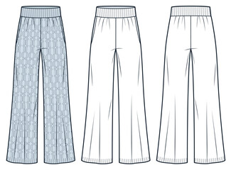 Wide Leg Knit Pants technical fashion Illustration, cable pattern. Jogger Pants fashion flat technical drawing template, pockets, front and back view, white, blue, women, men, unisex CAD mockup set.