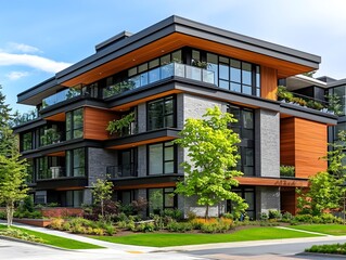 Obraz premium A four storey modern mid rise apartment with metal wood beige brick and glass cladding featuring an oval roof and green roof in darker earthy tones