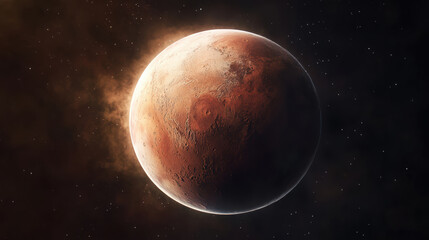 Fototapeta premium High-resolution view of Mars, showcasing its distinct red surface, craters, and atmospheric glow against a star-filled space background.