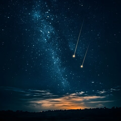 A breathtaking night sky filled with stars, showcasing the Milky Way and two bright shooting stars illuminating the darkness.