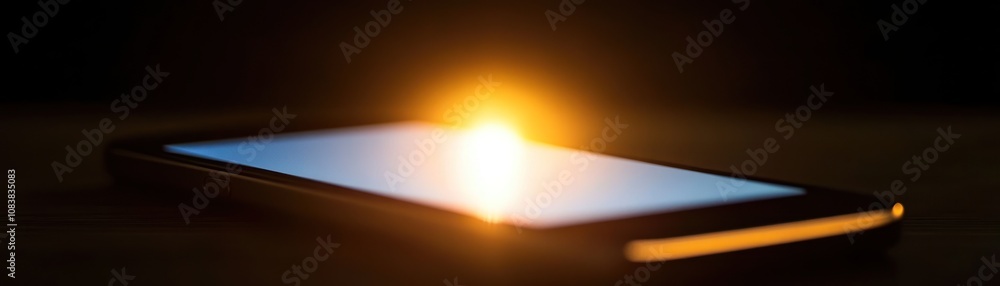 Poster a smartphone illuminated in low light, showcasing its screen and reflection.