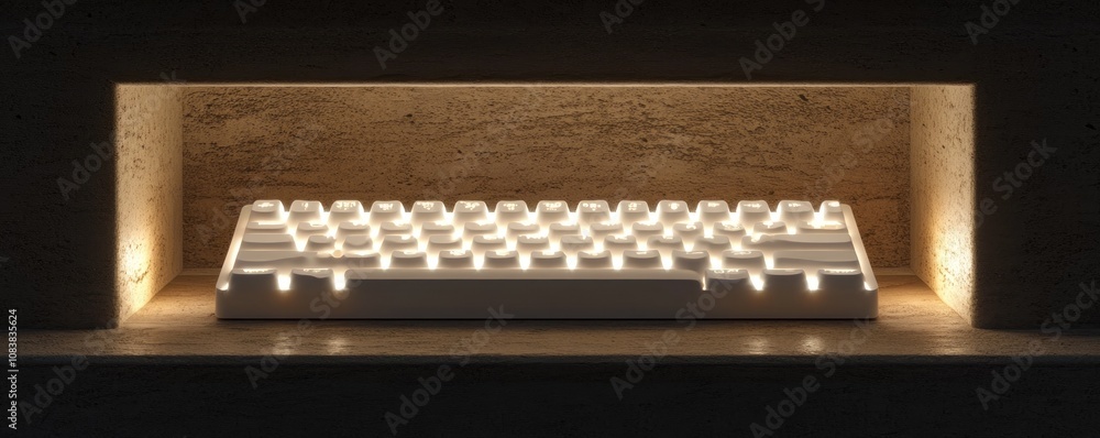 Poster a minimalist keyboard illuminated in a niche, showcasing modern design and functionality.