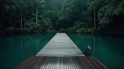 Wooden dock extending over a calm green lake surrounded by dense tropical forest with tall trees and lush greenery in a serene natural setting