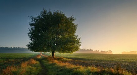 Obraz premium New Beginnings: A Tree in an Open Field at Dawn, Symbolizing Growth