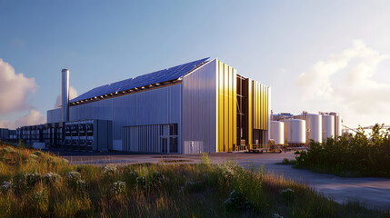 Fototapeta premium A solar-powered waste recycling facility that utilizes solar energy to run machines that convert waste materials into reusable products, reducing landfill waste.