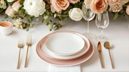 A beautifully set dining table featuring elegant pink and gold tableware, surrounded by an arrangement of pastel flowers.