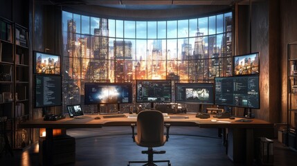 Modern Office with City Skyline View and Multiple Monitors