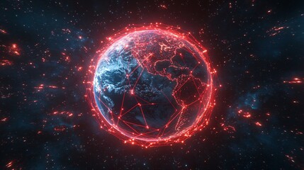 Obraz premium Dynamic visualization of a red network web encircling a glowing blue earth digital art space environment abstract viewpoint global connectivity concept