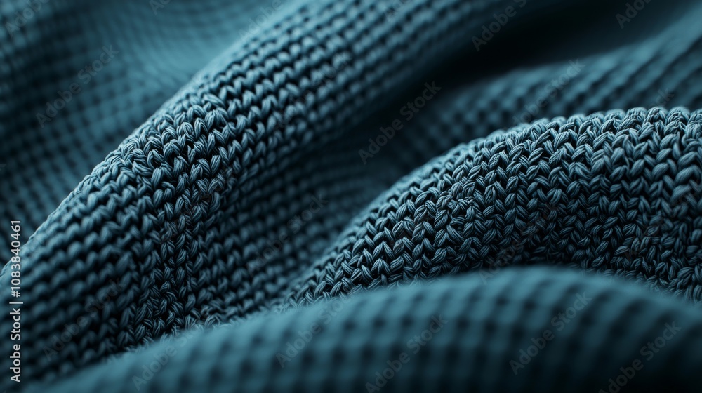 Poster a close-up of textured fabric displaying intricate knit patterns in a deep teal color, showcasing th