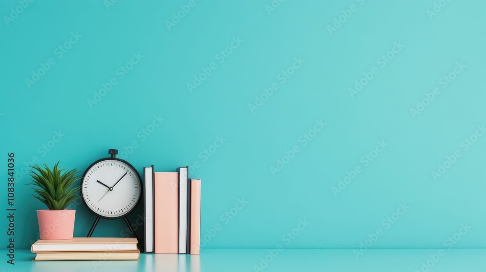 Poster minimalist desk setup with stacked files and a visible clock highlighting efficient time management 