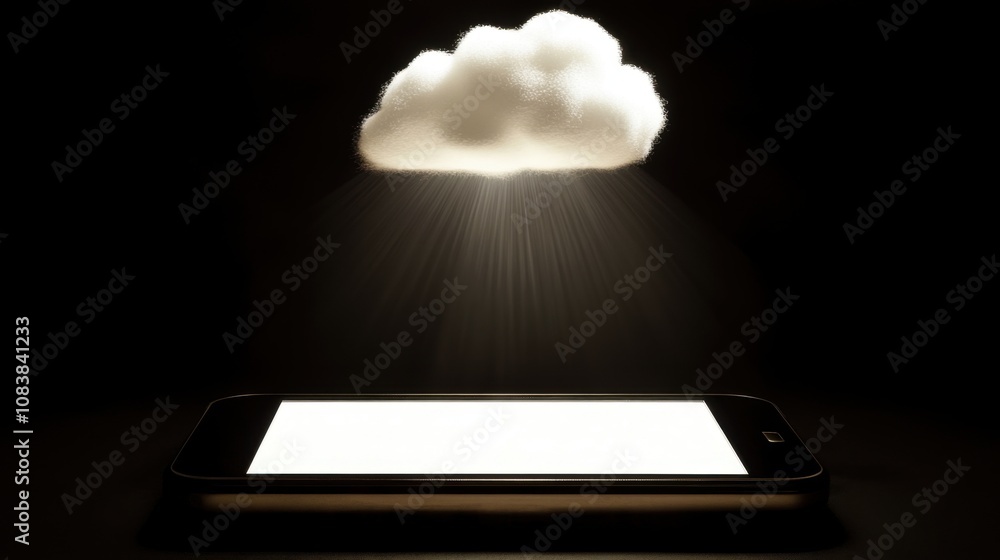 Poster digital cloud computing concept with smartphone displaying blank screen and cloud above, representin