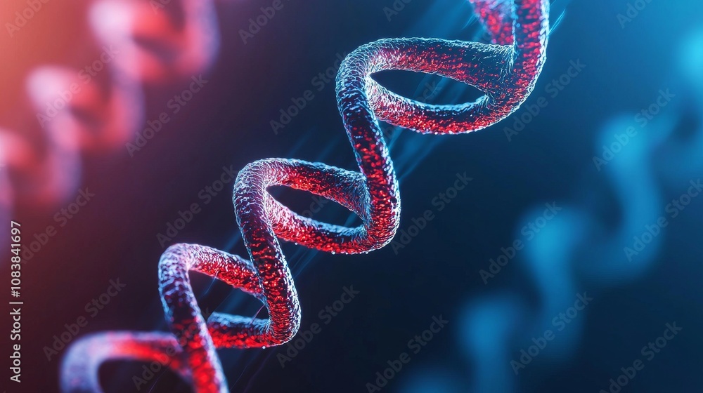 Poster a close-up view of a dna double helix, showcasing intricate details and vibrant colors in a dynamic,