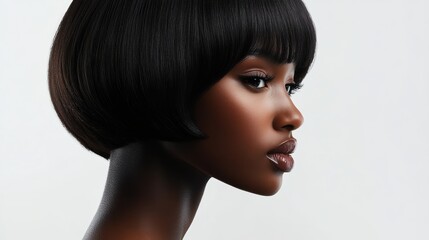 Naklejka premium A profile portrait of a woman with a sleek bob hairstyle, showcasing flawless skin and a confident expression against a minimalist background.