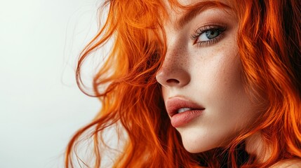 Fototapeta premium A close-up portrait of a young woman with vibrant orange hair and striking blue eyes, exuding confidence and charm.