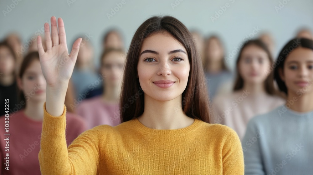 Poster diverse group of students eagerly raising their hands in a classroom setting with an encouraging and