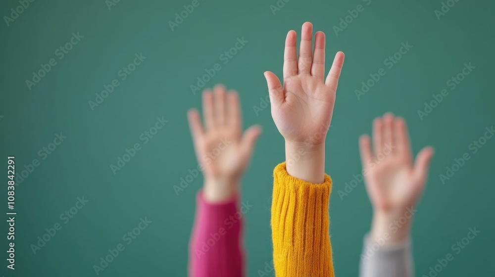 Poster group of enthusiastic students eagerly raising their hands in a supportive classroom setting with a 