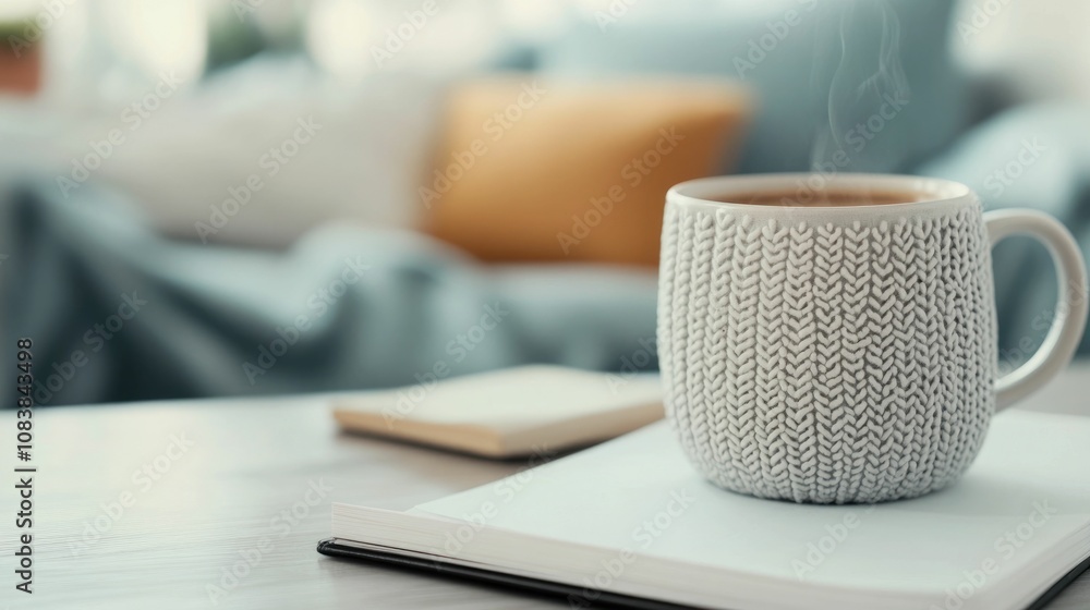 Poster cozy morning routine with a warm knit patterned coffee mug a checklist notebook and other items on a