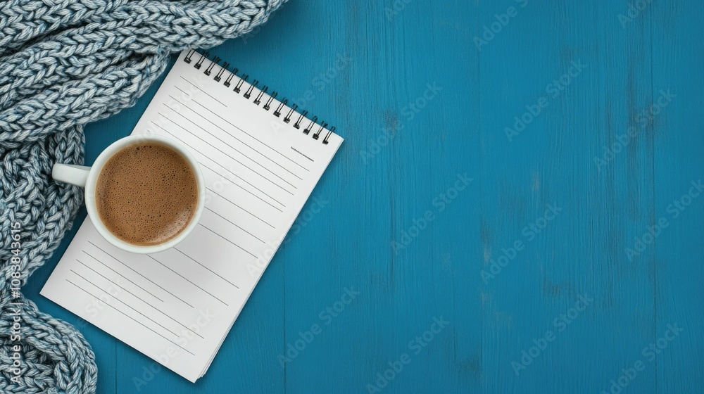 Poster morning chore routine with a cup of coffee and a checklist on a minimalist desk with a blue backgrou