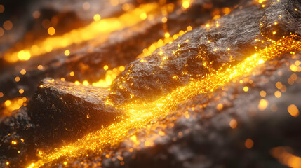 Golden Dust on Dark Rocks 3D Illustration