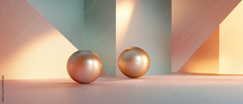 Poster two metallic spheres positioned in a modern abstract space with soft lighting and geometric shapes i