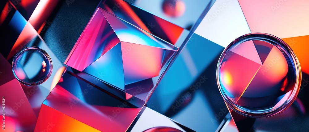 Poster two metallic spheres positioned in a modern abstract space with soft lighting and geometric shapes i